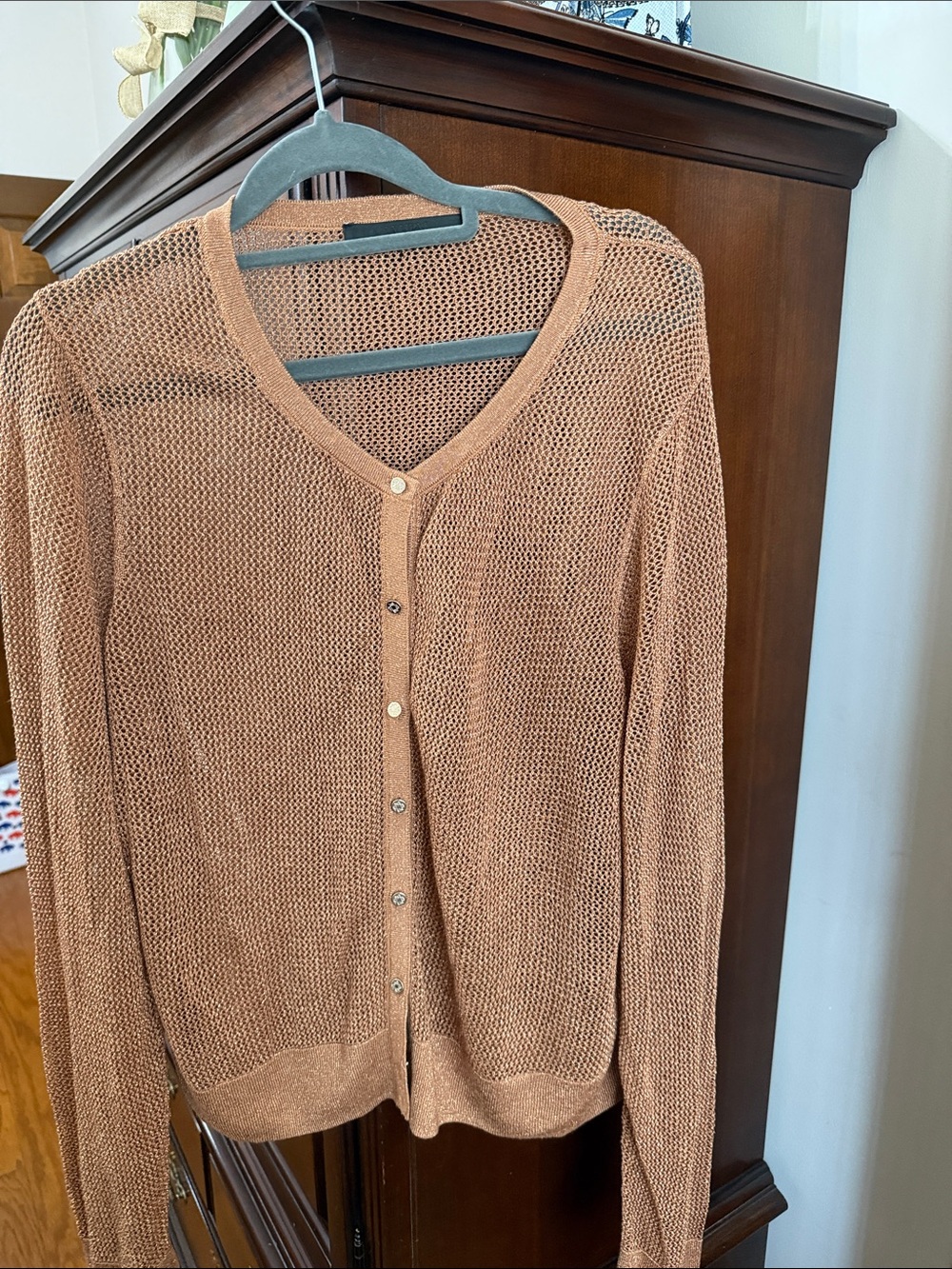 White House Black Market Tan Open-Knit Button Cardigan